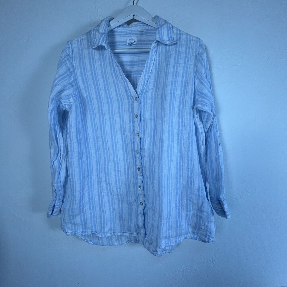 Sigrid Olsen Womens Blue & White Striped Linen Button-Up Shirt Large Long Sleeve